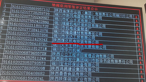 陜煤建設機電安裝公司:榮獲2018年納稅信用“A”級企業